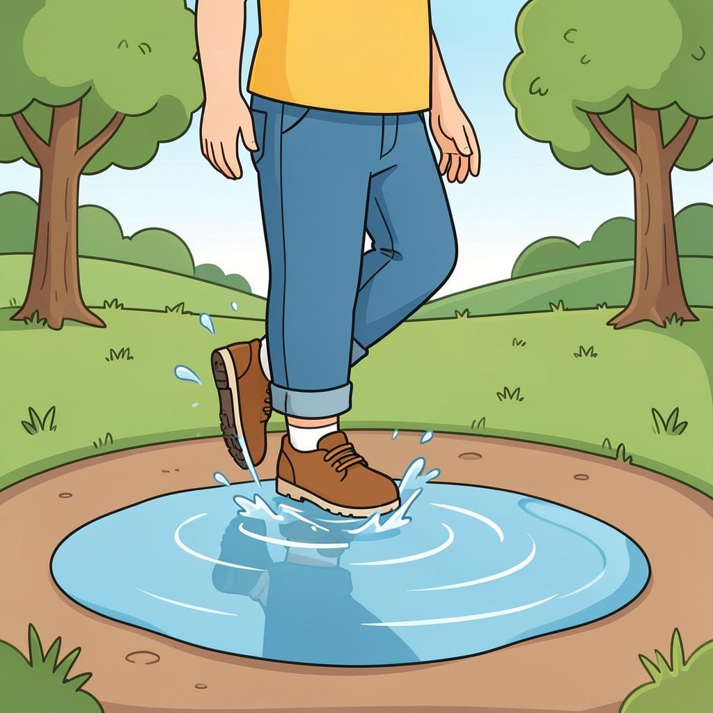 小さな水たまりの端に立ち、片足を水の上に浮かせて、ためらっている様子の子供の絵。