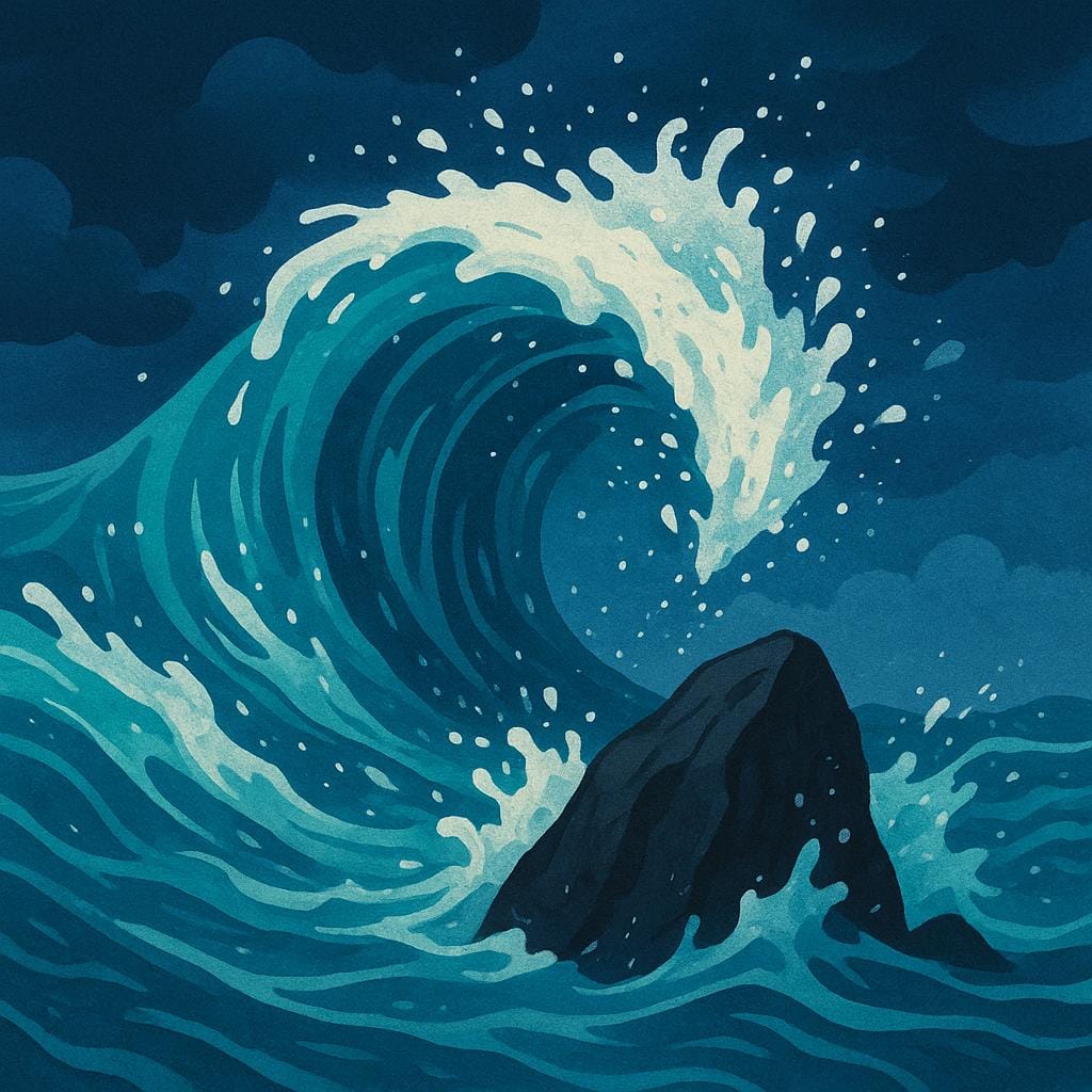 A powerful, turbulent ocean wave crashing forcefully against a dark rock formation under a stormy sky, symbolizing the raw intensity of nature.