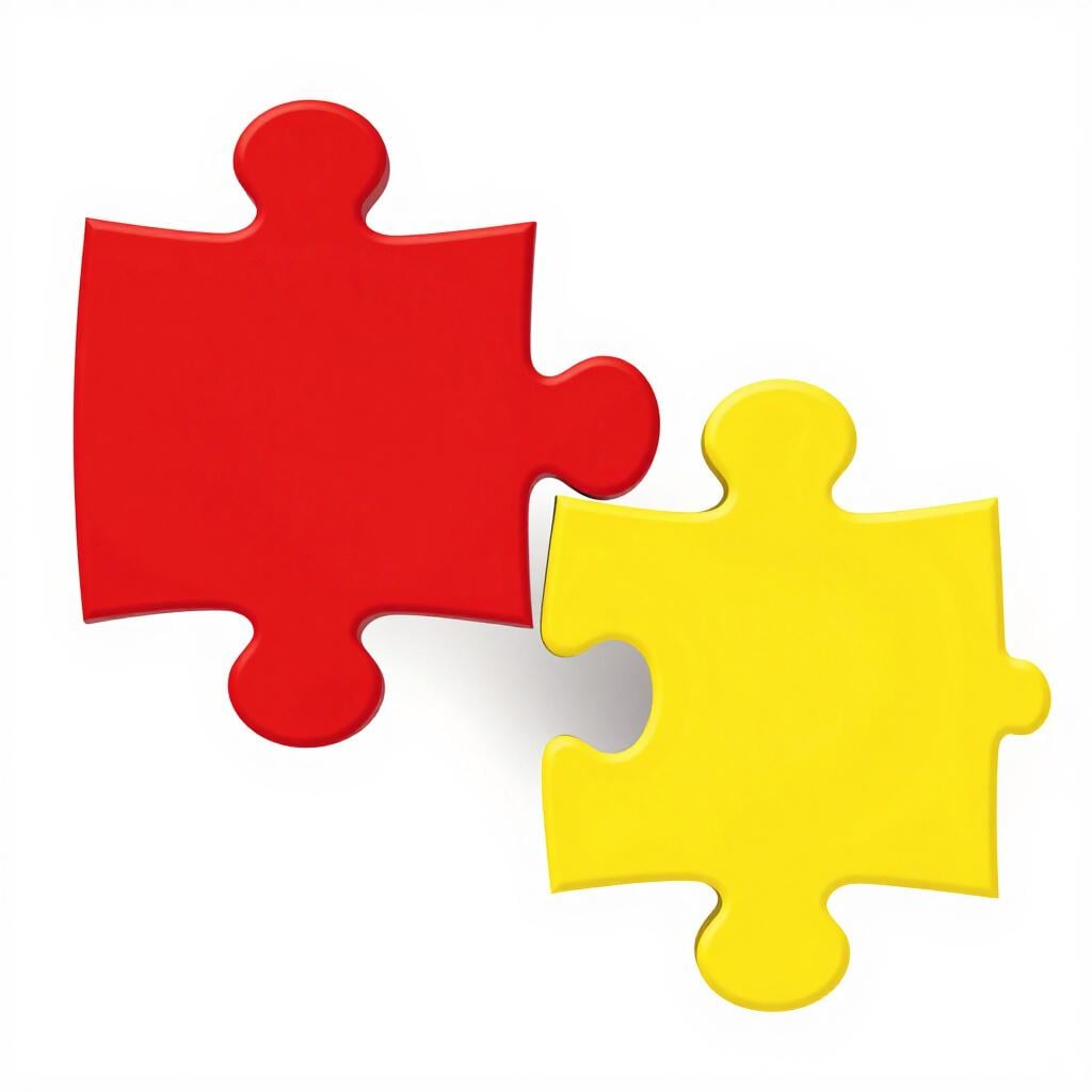 赤と黄色の2つのパズルピースがぴったりと組み合わさって接続されている様子。