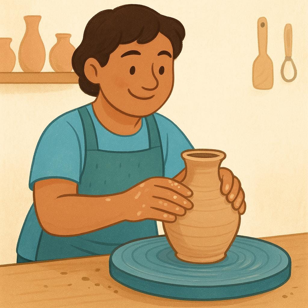 A smiling person sitting at a potter's wheel, actively shaping a lump of spinning clay into a beautiful vase.