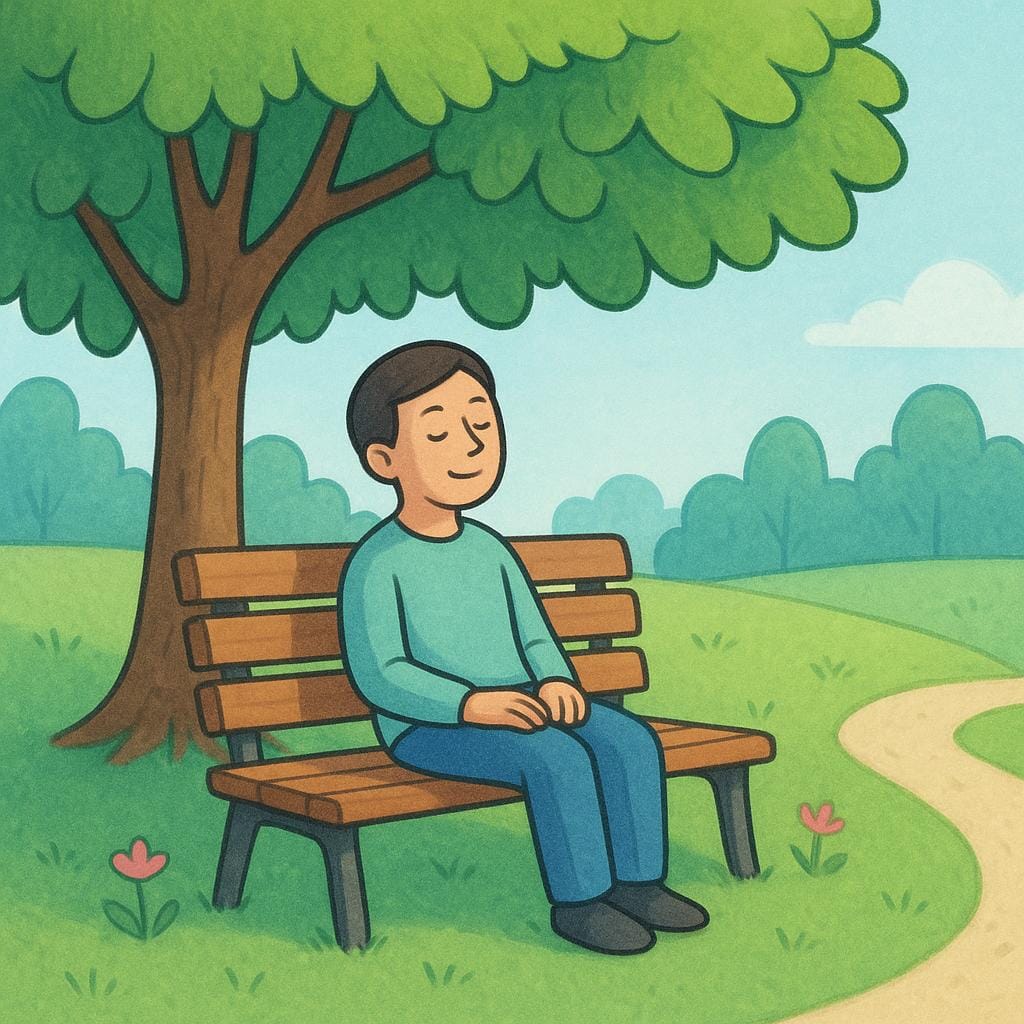 A tired person sitting down on a bench under a tree, relaxing and pausing from activity.