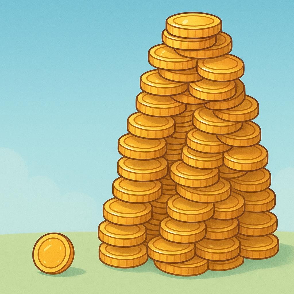 信じられないほど大きな、同じ金貨でできたそびえ立つ山々の麓に置かれた、小さく孤独な金貨。