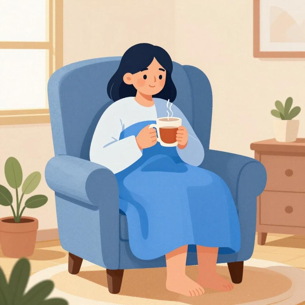 Une personne assise confortablement dans un grand fauteuil, enveloppée dans une couverture douce, tenant une tasse fumante dans une pièce confortable.