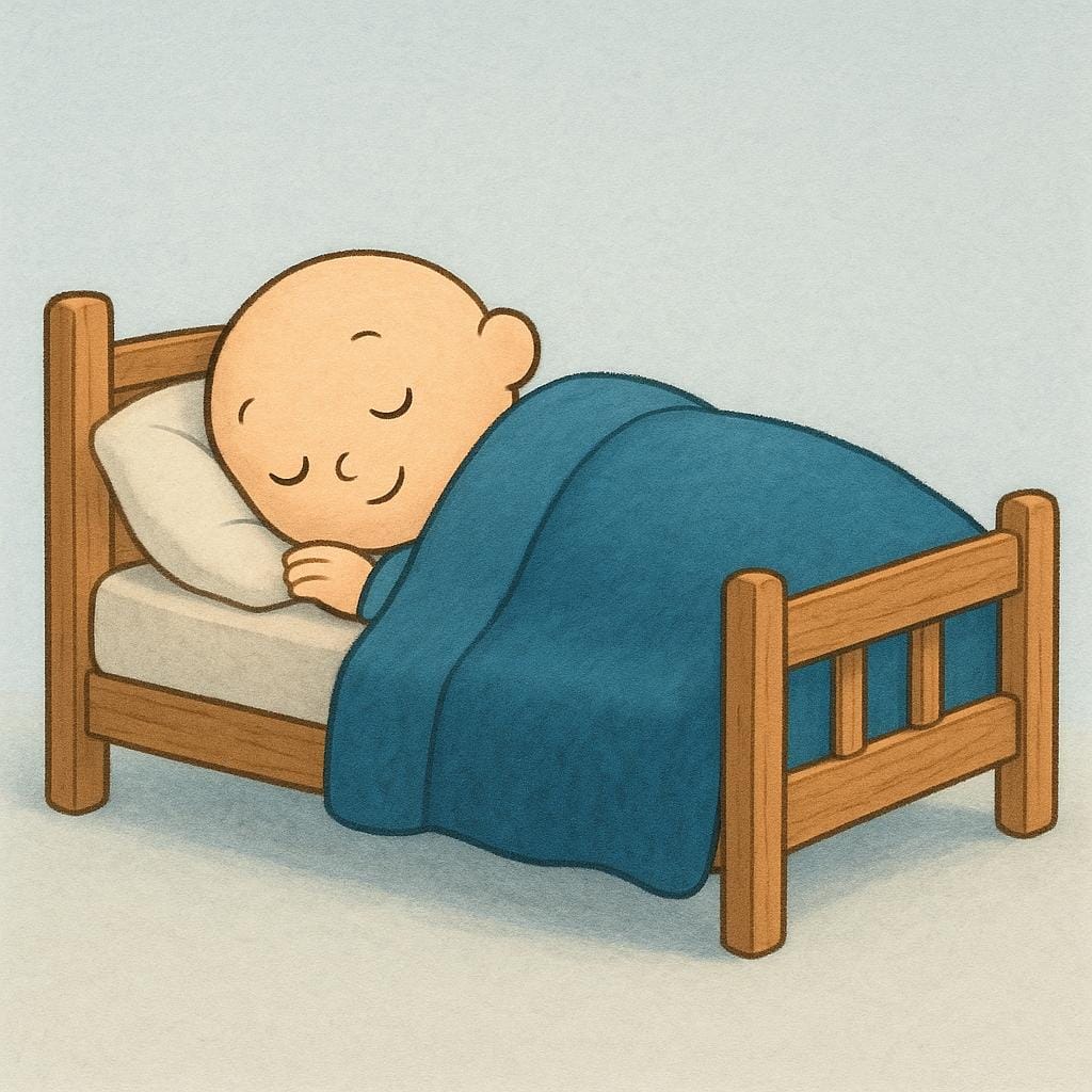 A simple illustration showing a character curled up asleep in a bed under a blue blanket.