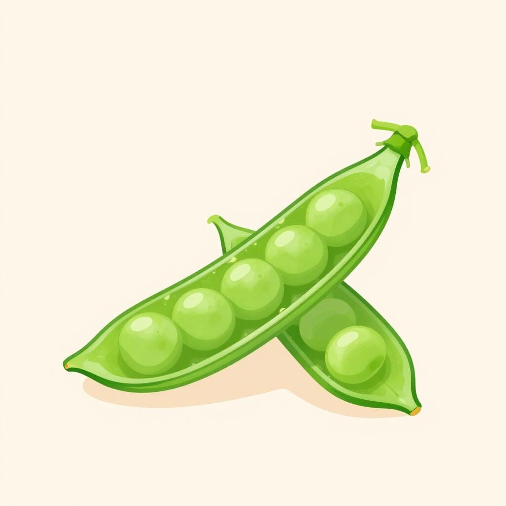 A single green pea pod split open to reveal small, round, bright green peas inside.