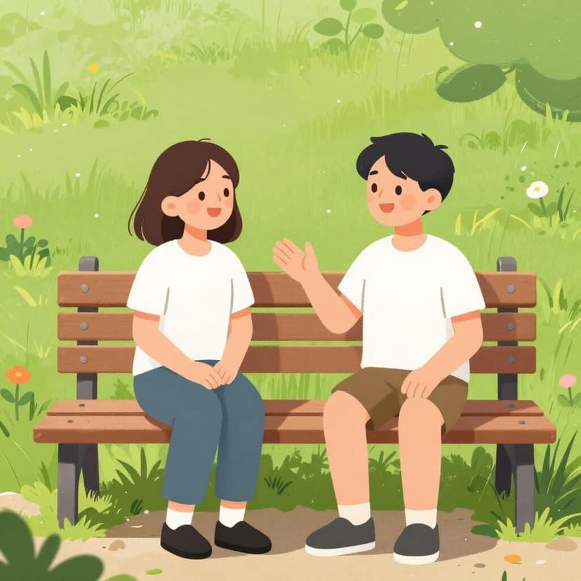 Two people sitting on a park bench having a friendly conversation with smiles.