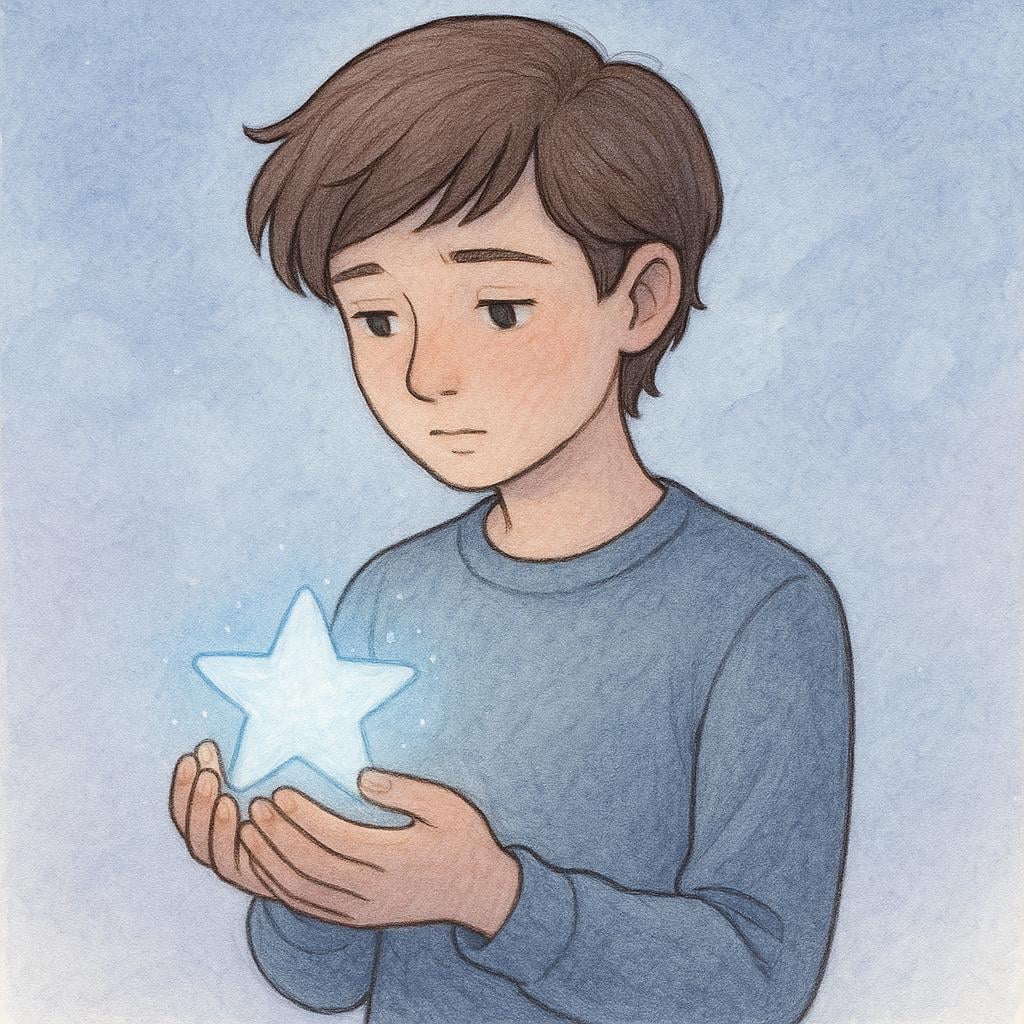 A colorful storybook illustration of a young person sitting alone, holding a small, slightly translucent glowing star in their hands, looking reflective and thoughtful about a past memory.