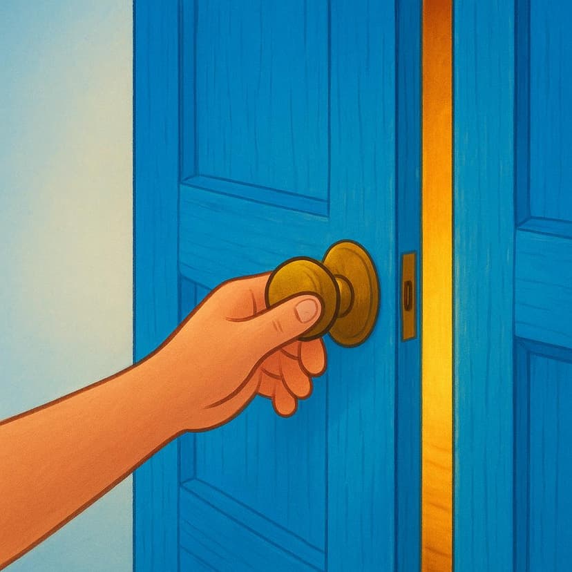 A brightly colored blue wooden door being pulled open by a friendly human hand, symbolizing permission or access.