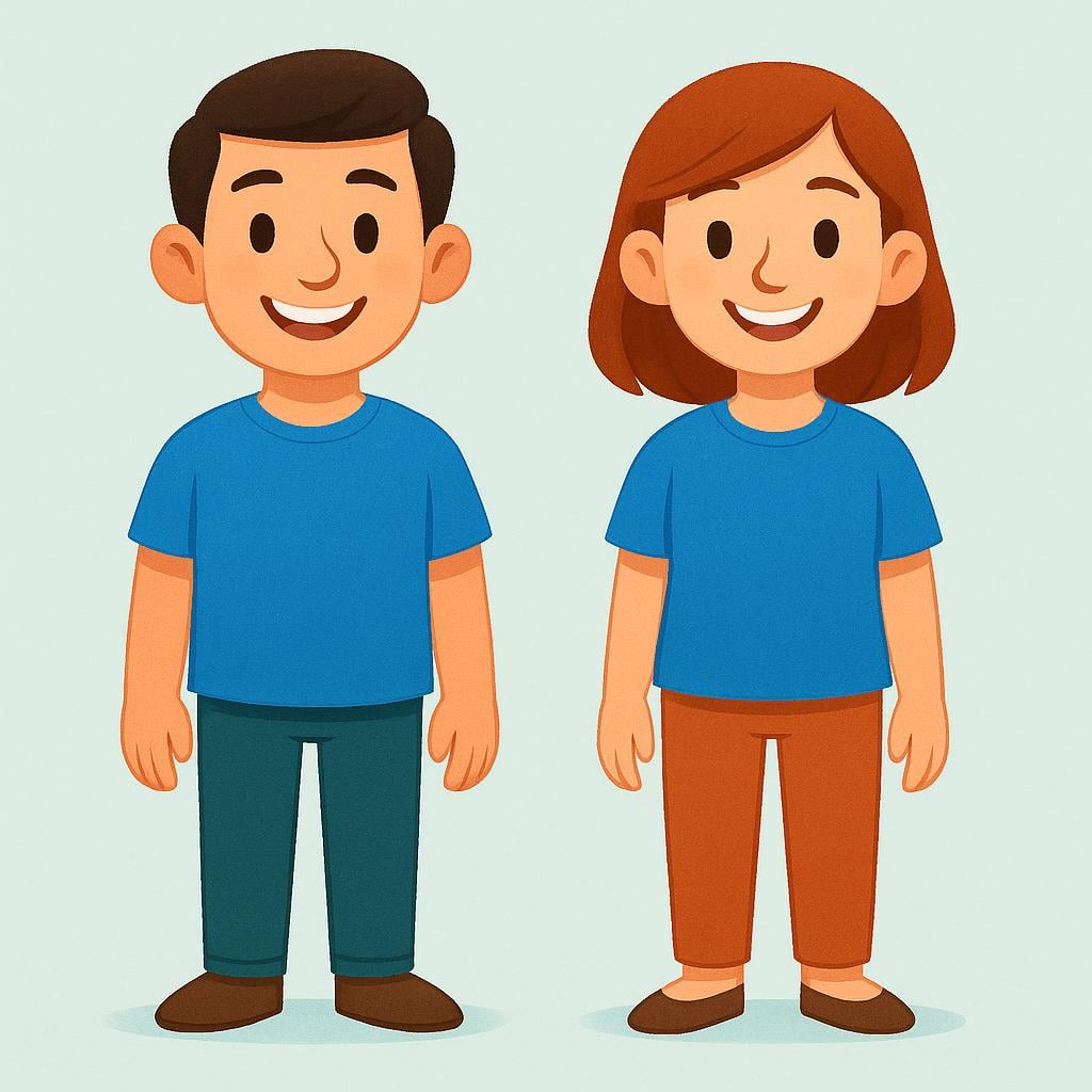 Two stylized children standing together, smiling proudly, wearing matching blue shirts, symbolizing a shared past state or identity.