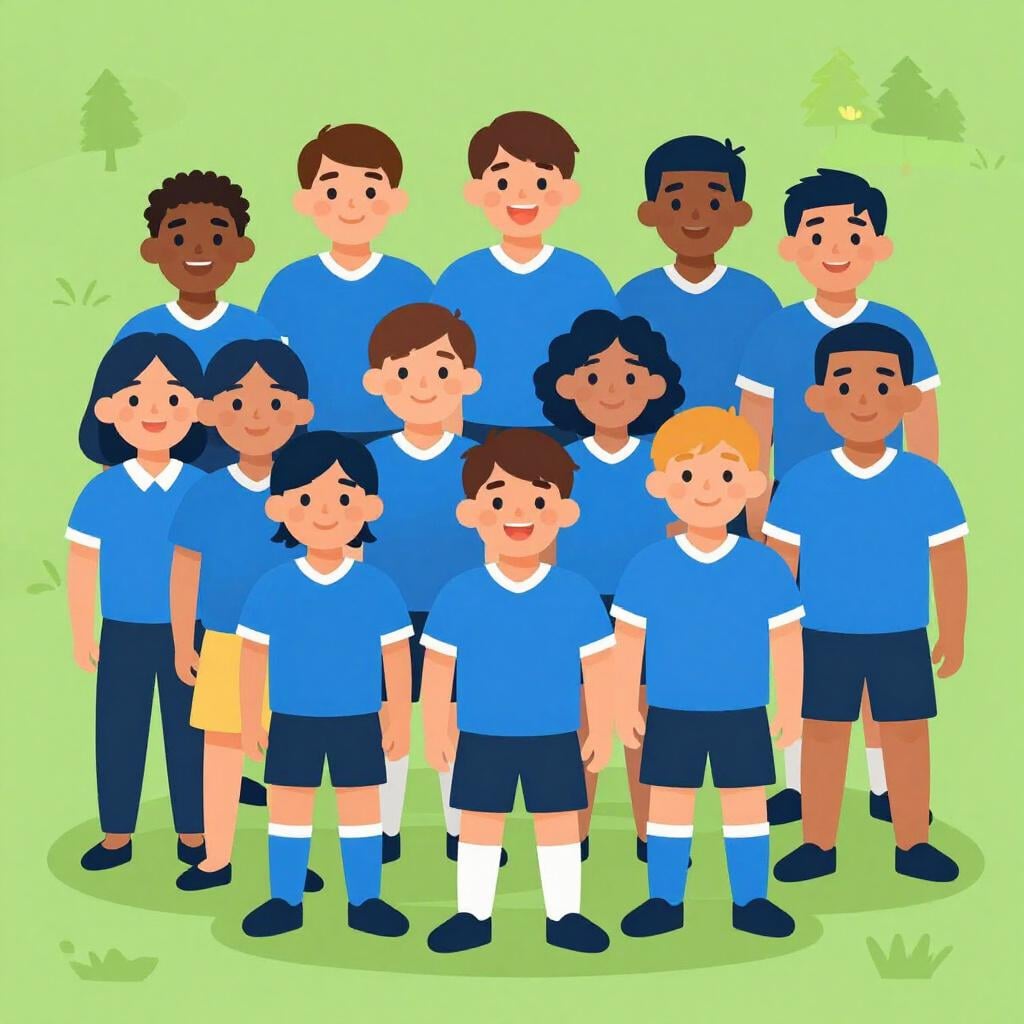 Uma ilustração colorida de uma pessoa usando um uniforme combinando, em pé com um grupo de amigos que estão todos usando o mesmo uniforme, sorrindo e com os braços um ao redor do outro.