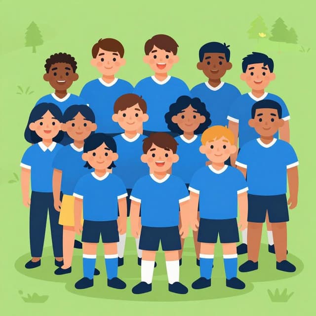 A colorful illustration of a person wearing a matching jersey standing with a group of friends who are all wearing the same uniform, smiling and arms around each other.
