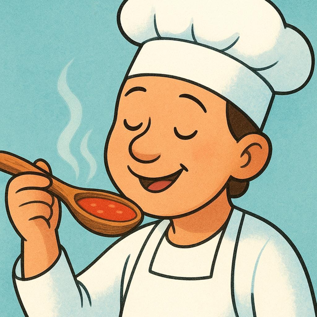 A smiling chef in a white hat tasting a spoonful of steaming soup from a large pot.