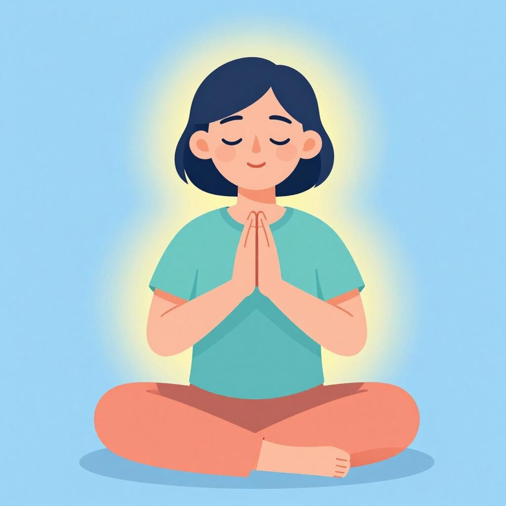 Eine friedliche Person mit geschlossenen Augen und zusammengepressten Händen in einer Geste des Gebets.