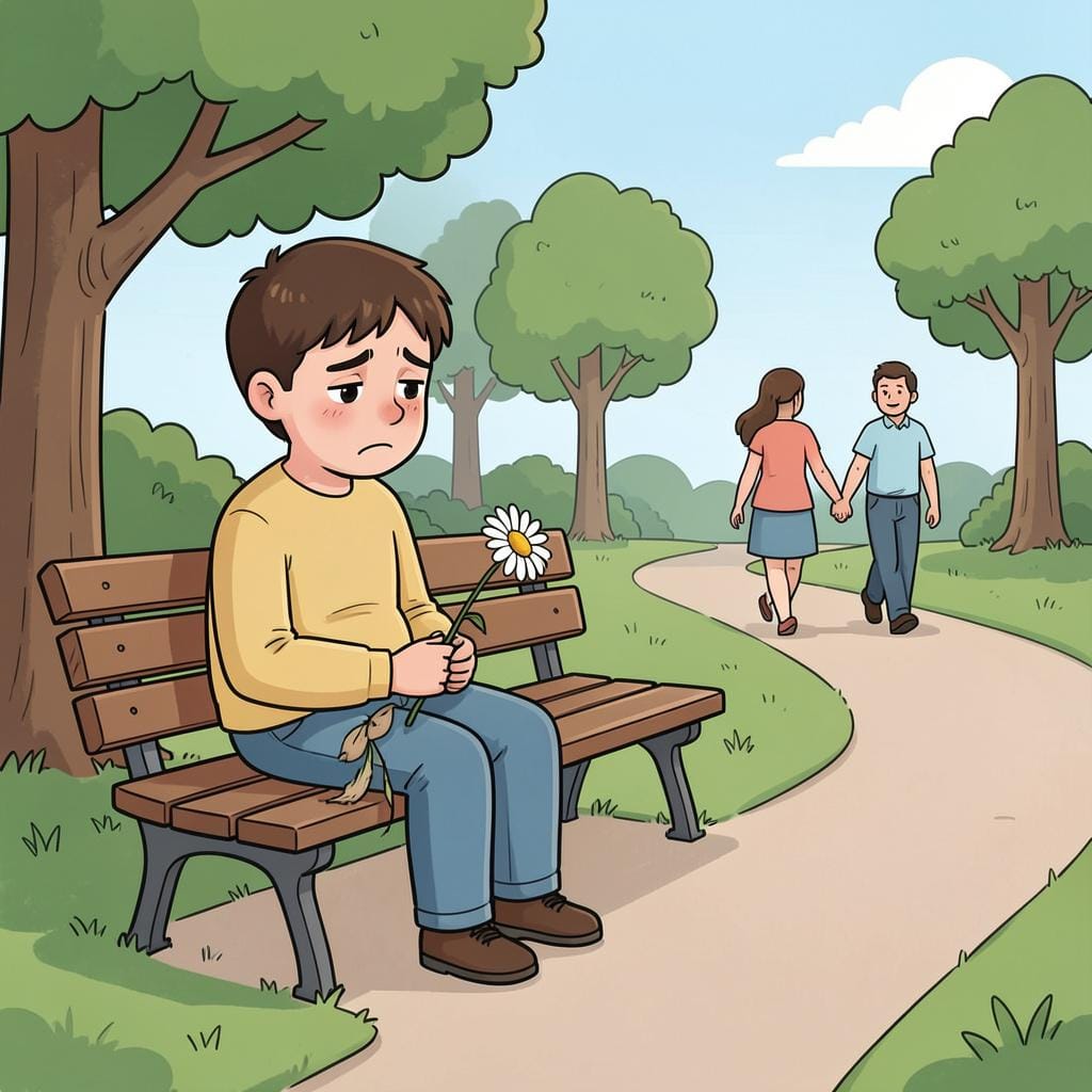 A sad person sitting on a park bench looking at a wilted flower while two people walk away holding hands in the background.