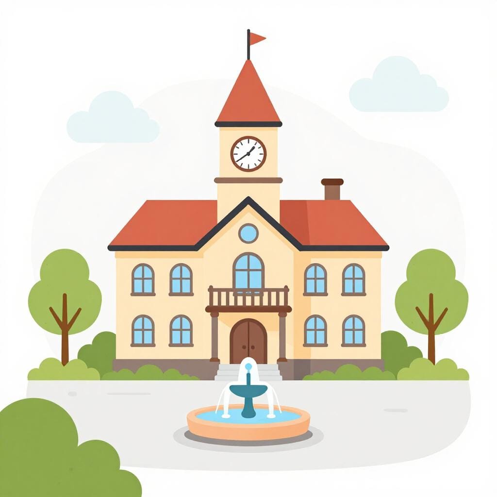 A colorful town square with a town hall building, a fountain, and small trees.