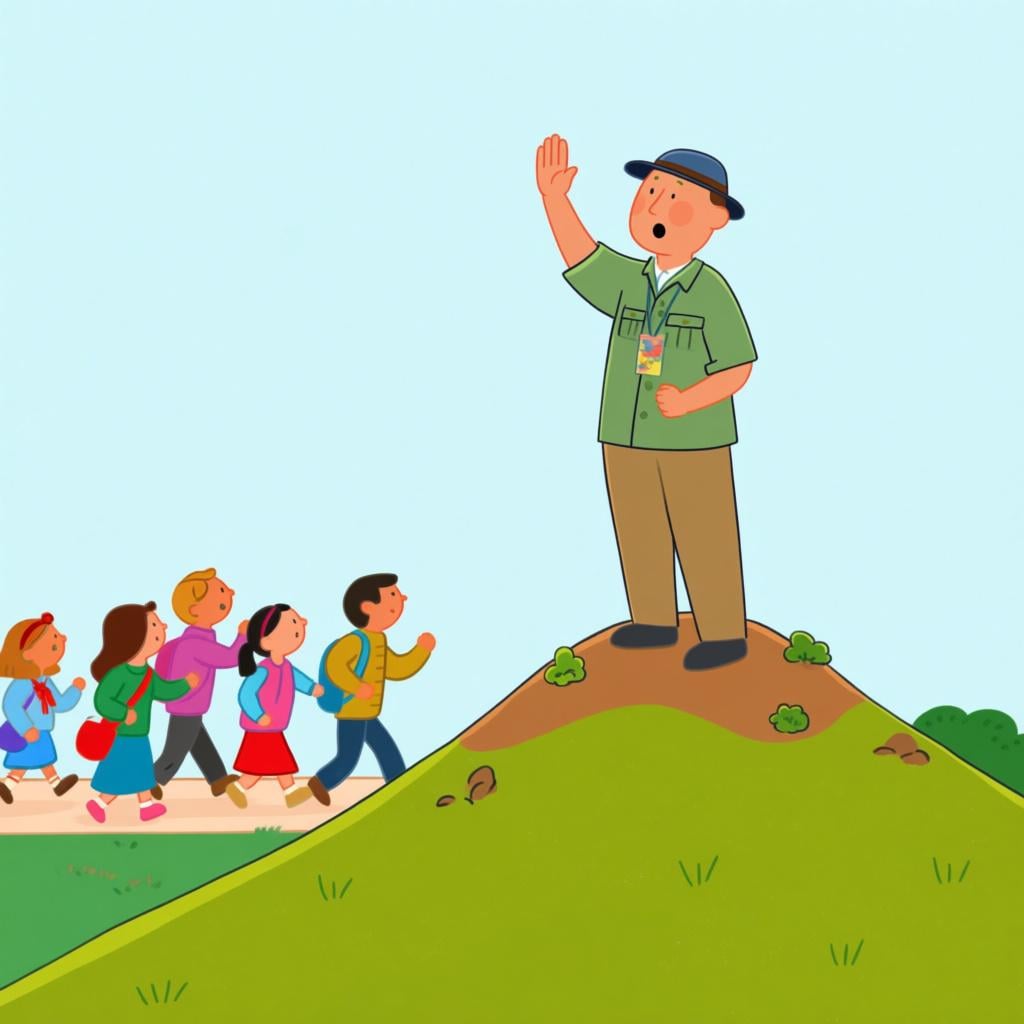 A figure in a bright uniform standing on a small hill, raising their hand in a clear, commanding stop gesture, capturing the immediate focus of a group of people below.