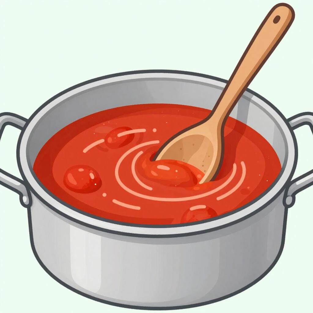 Ein Holzlöffel rührt eine dicke rote Suppe in einem großen Topf.
