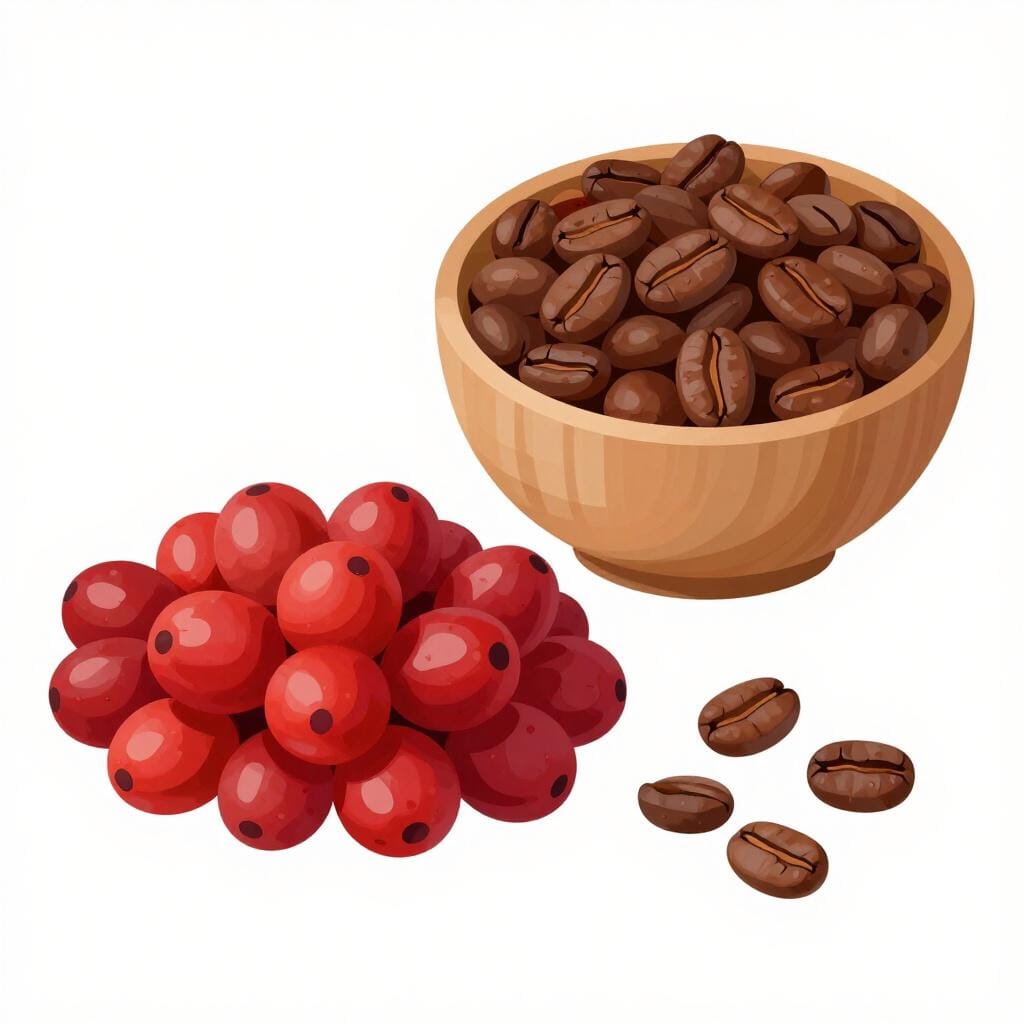 A wooden crate filled with bright red coffee cherries next to a bowl of clean, brown coffee beans.