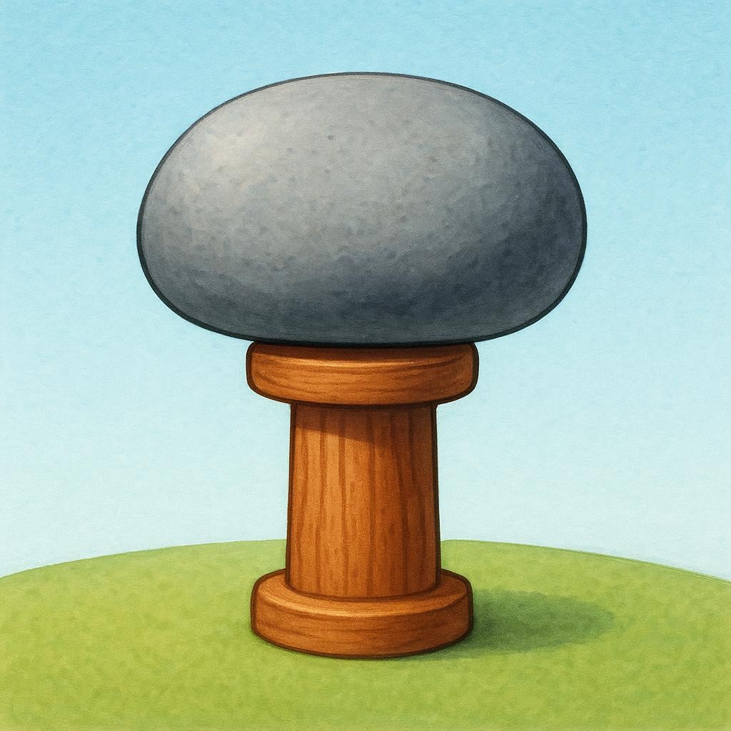A small, sturdy wooden pillar providing structural support to a much larger, heavy gray stone.