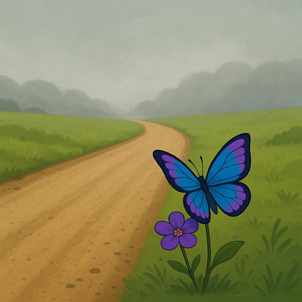 Uma ilustração solene de livro de histórias mostrando uma estrada de terra vazia desaparecendo em uma névoa cinza espessa, com uma única borboleta pousada em uma pequena flor em primeiro plano.