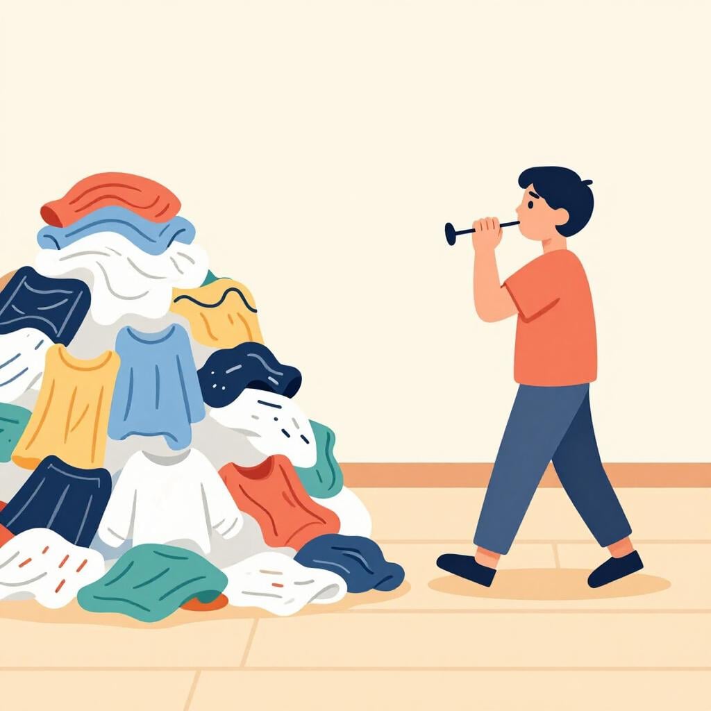 A person whistling and walking away from a large pile of laundry.