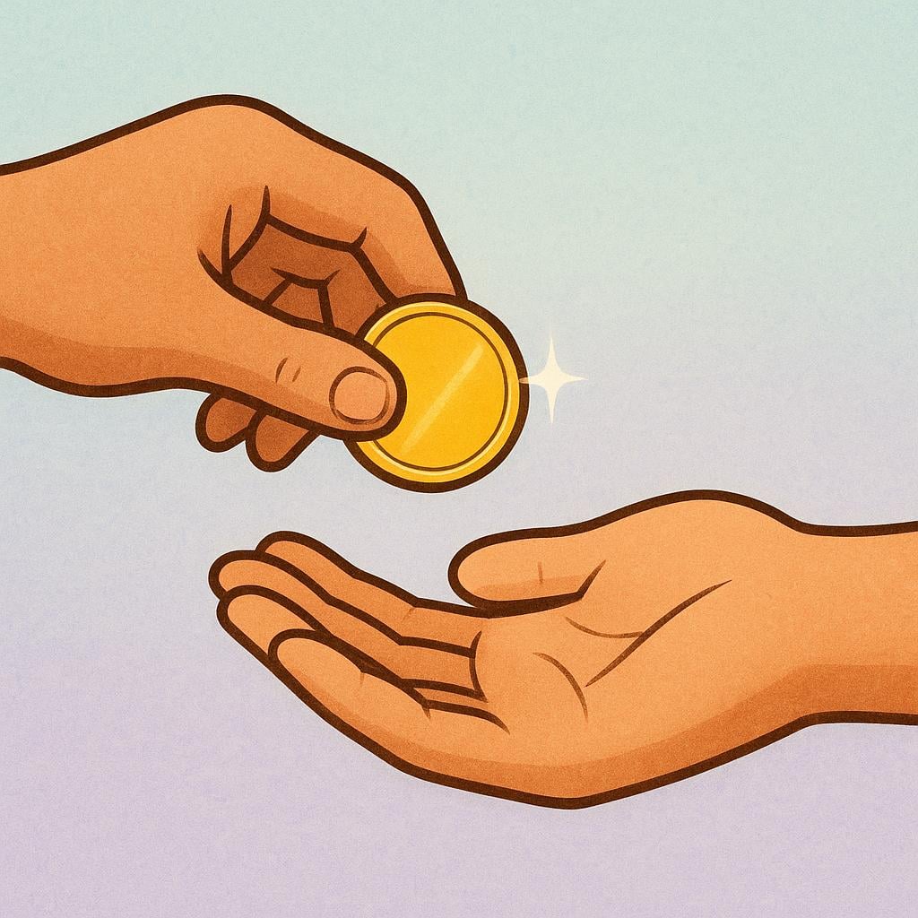 Two hands involved in a transaction. One hand is giving a shiny gold coin to the open palm of the second hand, symbolizing the command to keep the item.