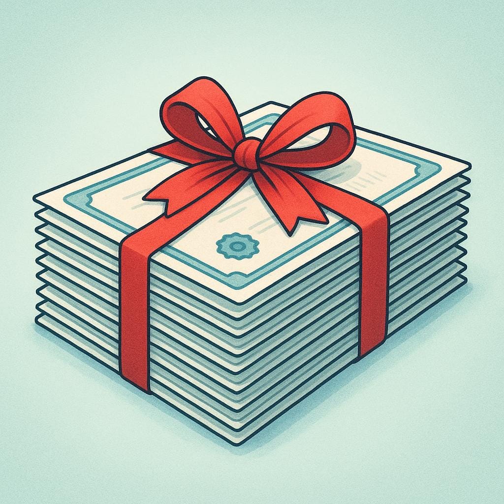 A high quality simple colorful storybook illustration showing a neat stack of stylized financial paper certificates, secured tightly with a decorative red ribbon, representing financial securities.