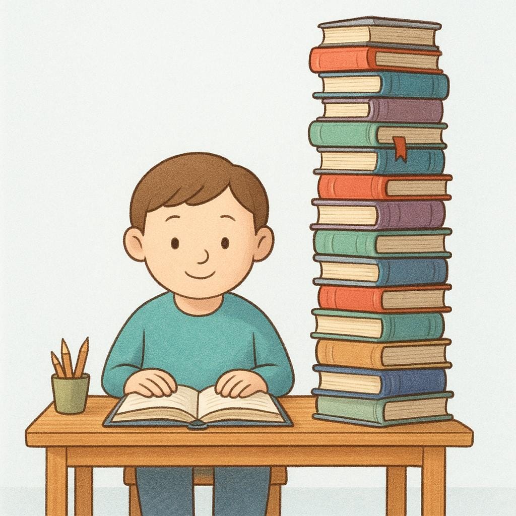 Una persona seduta a una scrivania, che legge felicemente un libro, circondata da una pila molto alta di libri completati, a simboleggiare un'attività continua nel tempo.