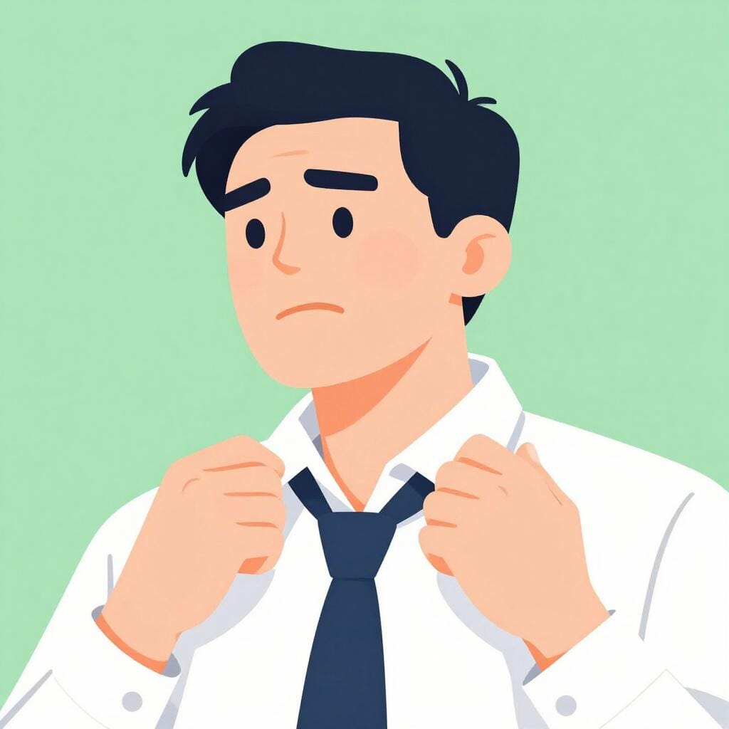 A man with a red face pulling at a very tight shirt collar and tie.