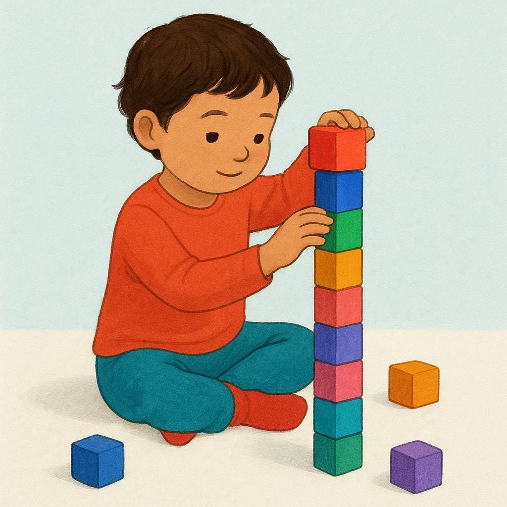 A child carefully stacks colorful wooden blocks in a precise, straight manner, illustrating a specific style or method of building.