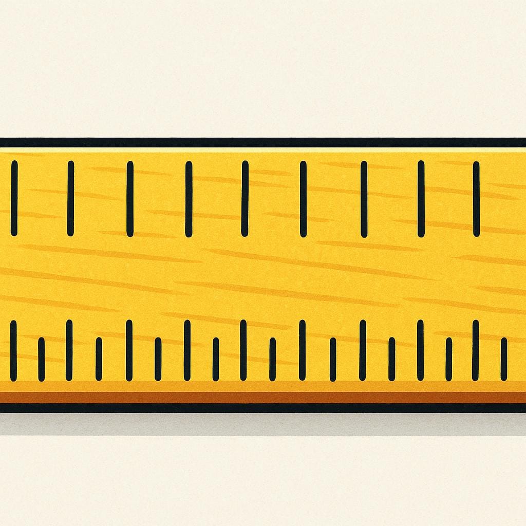 A close-up view of a simple measuring instrument, like a wooden ruler, showing clear, evenly spaced hash marks indicating measurement divisions.
