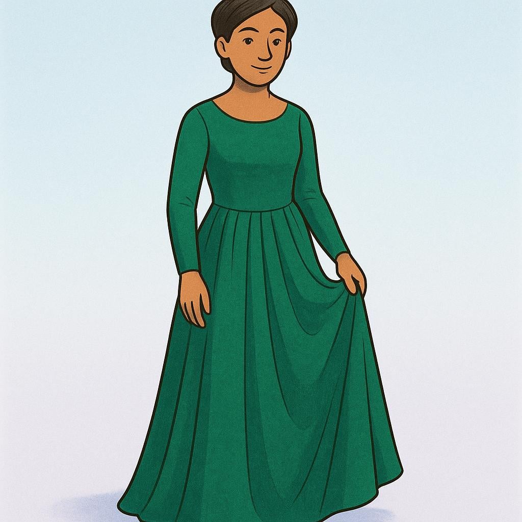 A person standing, showcasing a long, elegant emerald green dress they are wearing.