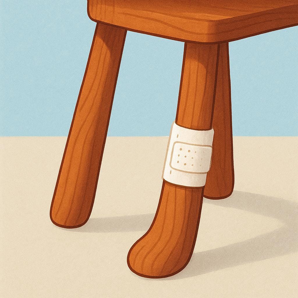 A wooden chair with a visible patch or glue fixing a broken leg, illustrating the concept of repair.