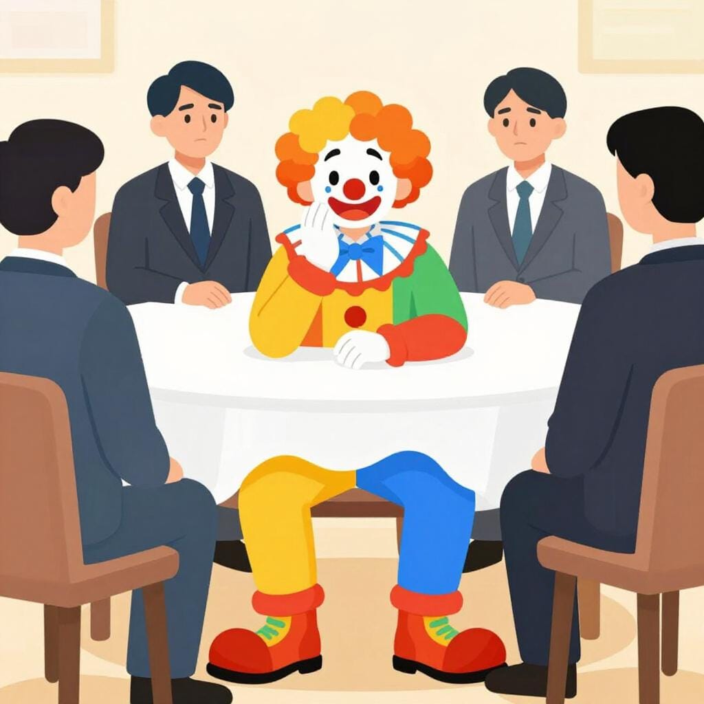 A person wearing a bright clown suit at a very formal and serious dinner party.