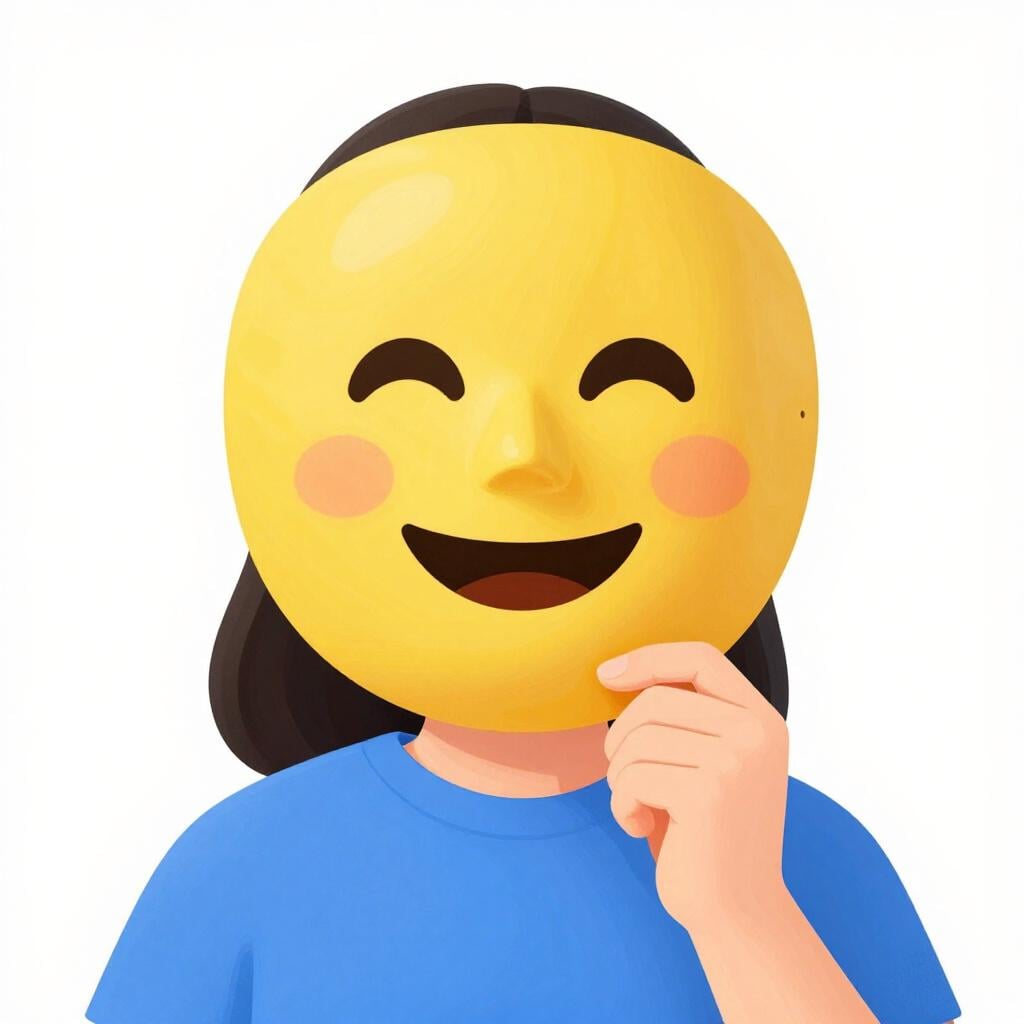 A person holding a large, smiling yellow mask in front of their face while standing in a garden.