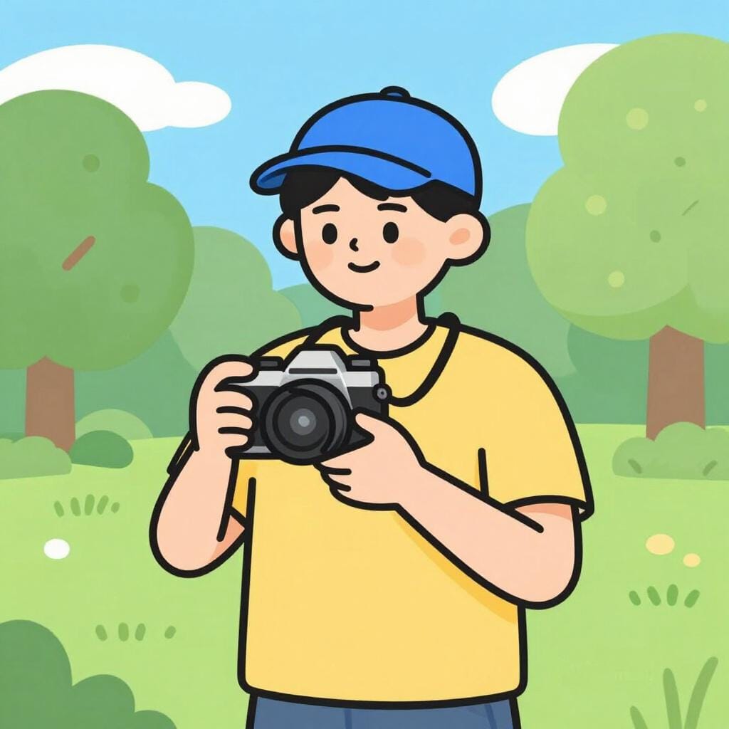 Un homme souriant portant une casquette de baseball bleue unie et un appareil photo autour du cou, debout dans un parc ensoleillé.