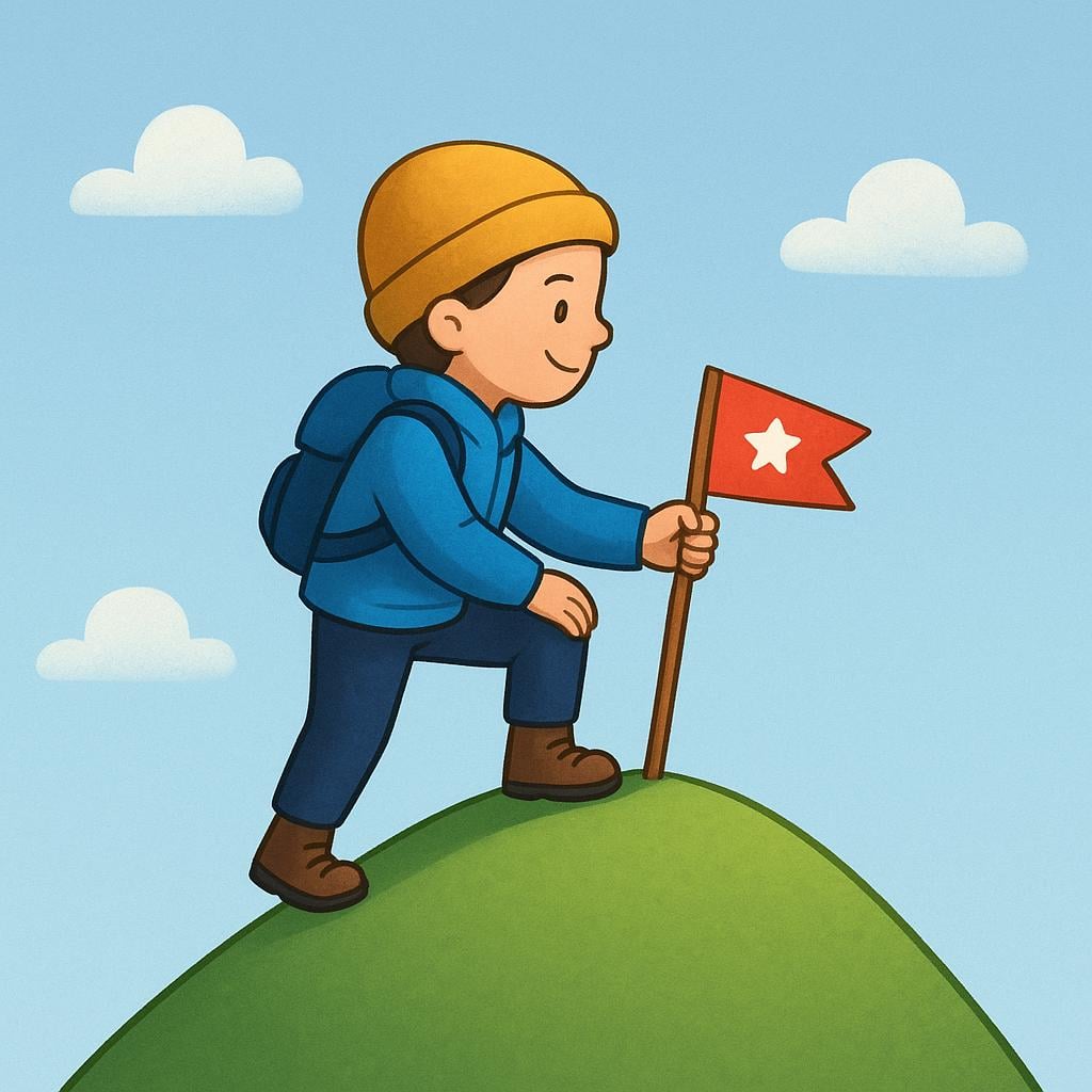 A determined figure stands triumphantly on the peak of a gentle green hill, planting a small flag to symbolize reaching a goal.