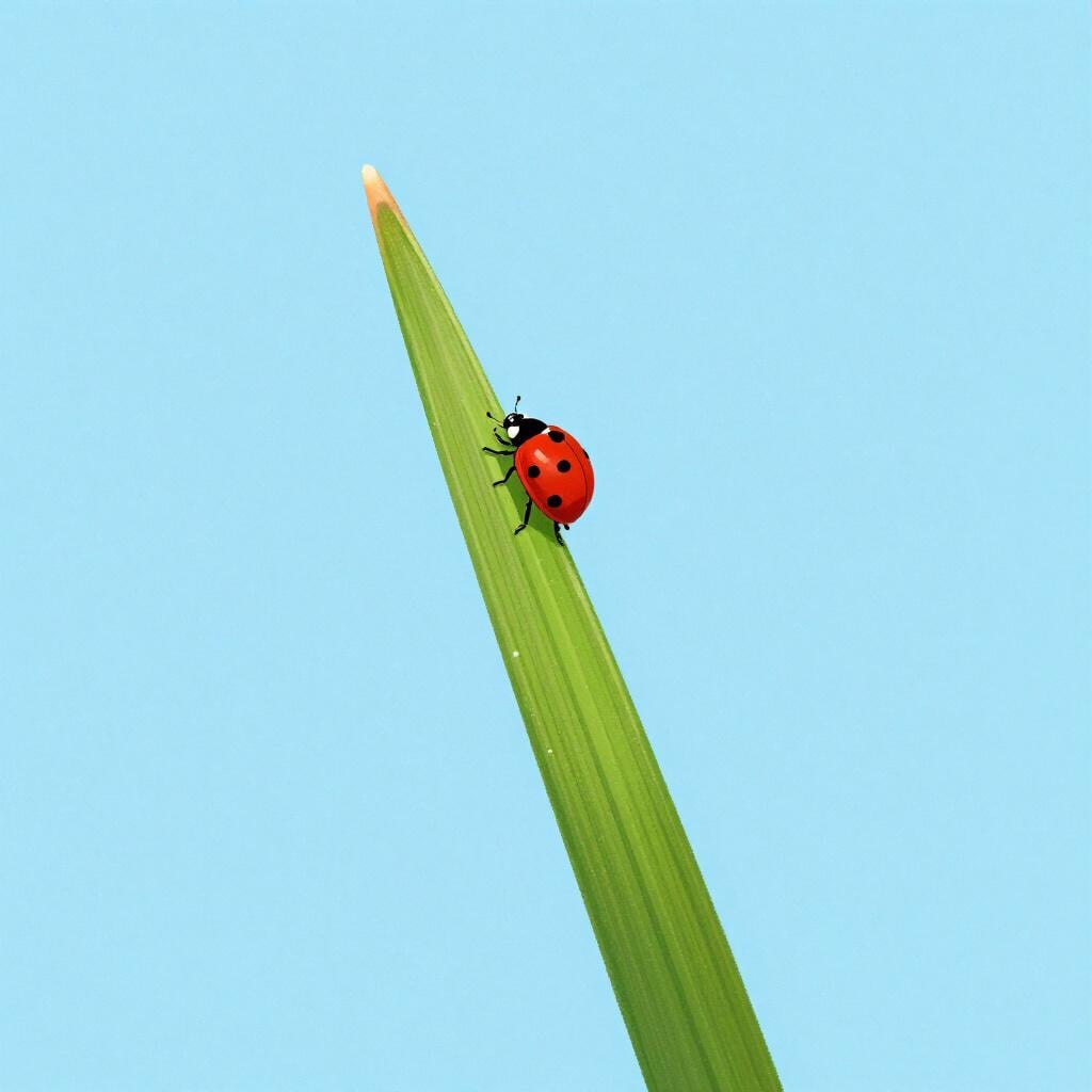 A tiny ladybug perched on the tip of a large green blade of grass, emphasizing the bug's small size.