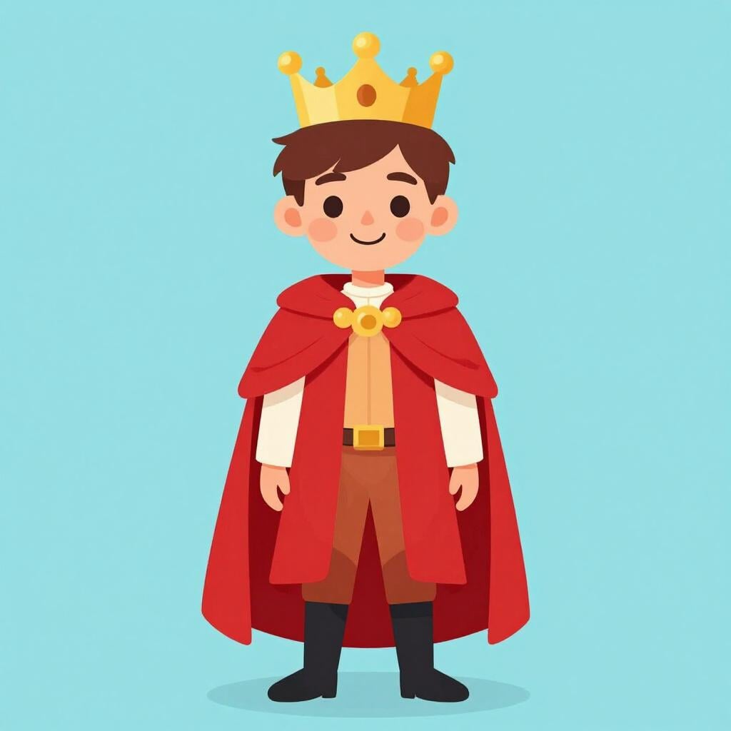 A young royal boy wearing a simple golden crown and a red velvet cape, standing in a regal pose.