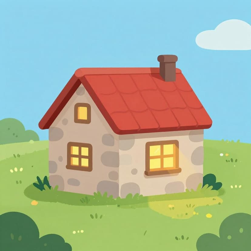 A cozy stone cottage with a warm yellow light glowing in the window, nestled among green hills.