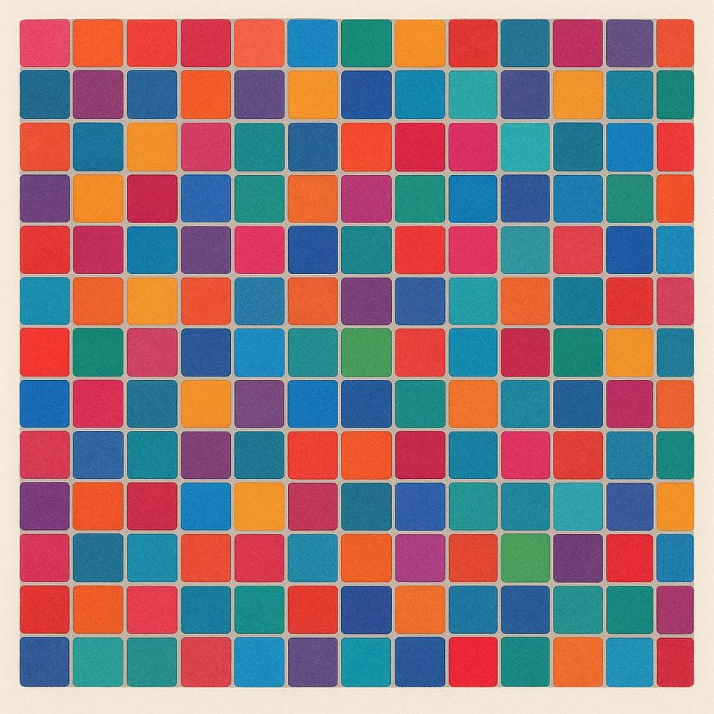 Eine Sammlung kleiner, quadratischer, leuchtend bunter Mosaiksteine, die perfekt zusammengefügt sind, um ein einziges, vollständiges großes quadratisches Muster zu bilden.