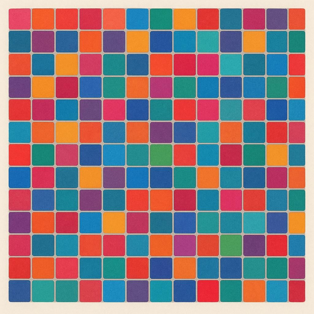 A collection of small, square, brightly colored mosaic tiles arranged perfectly together to constitute a single, complete large square pattern.