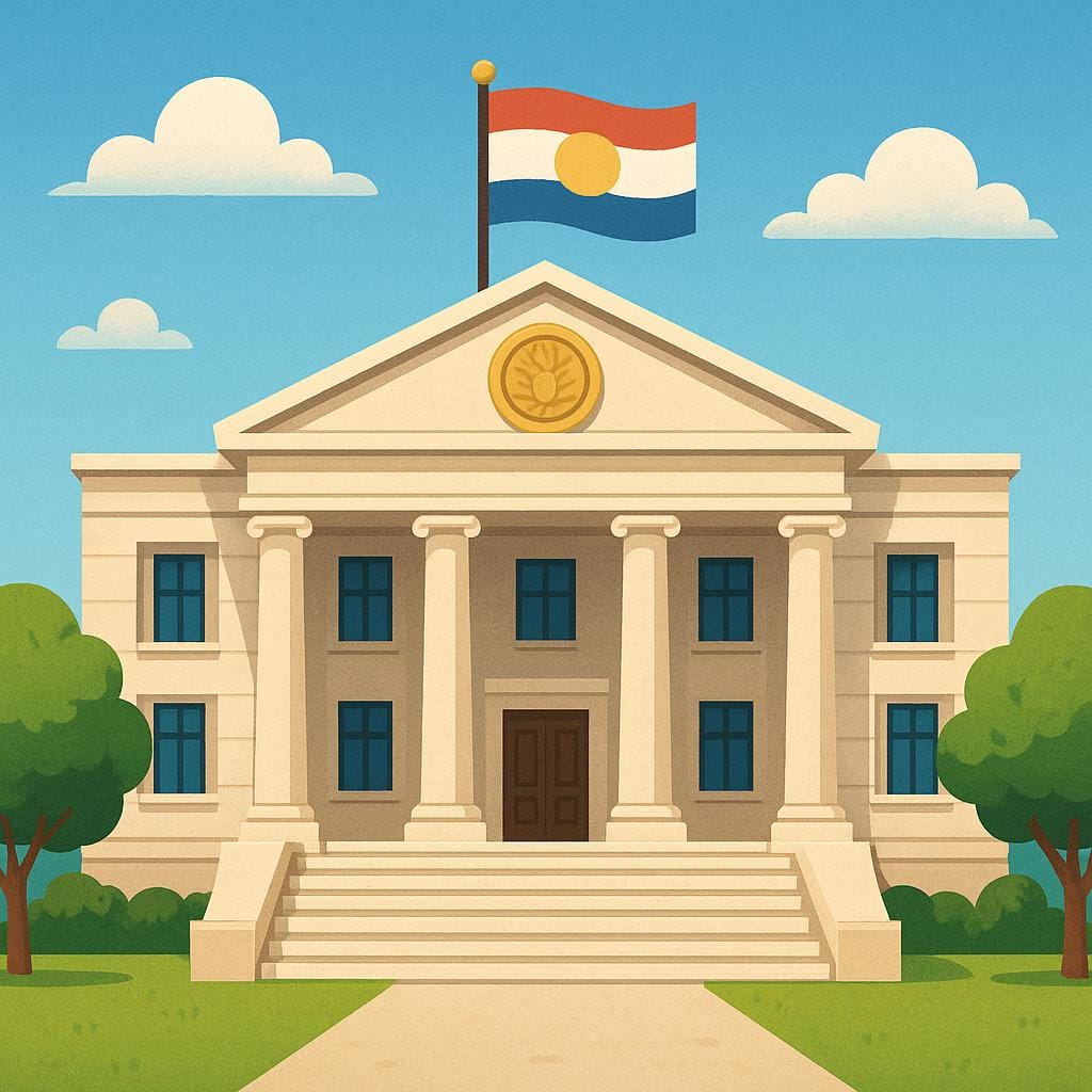 A stately, official-looking building with a large national flag flying prominently from the rooftop, symbolizing a diplomatic mission.