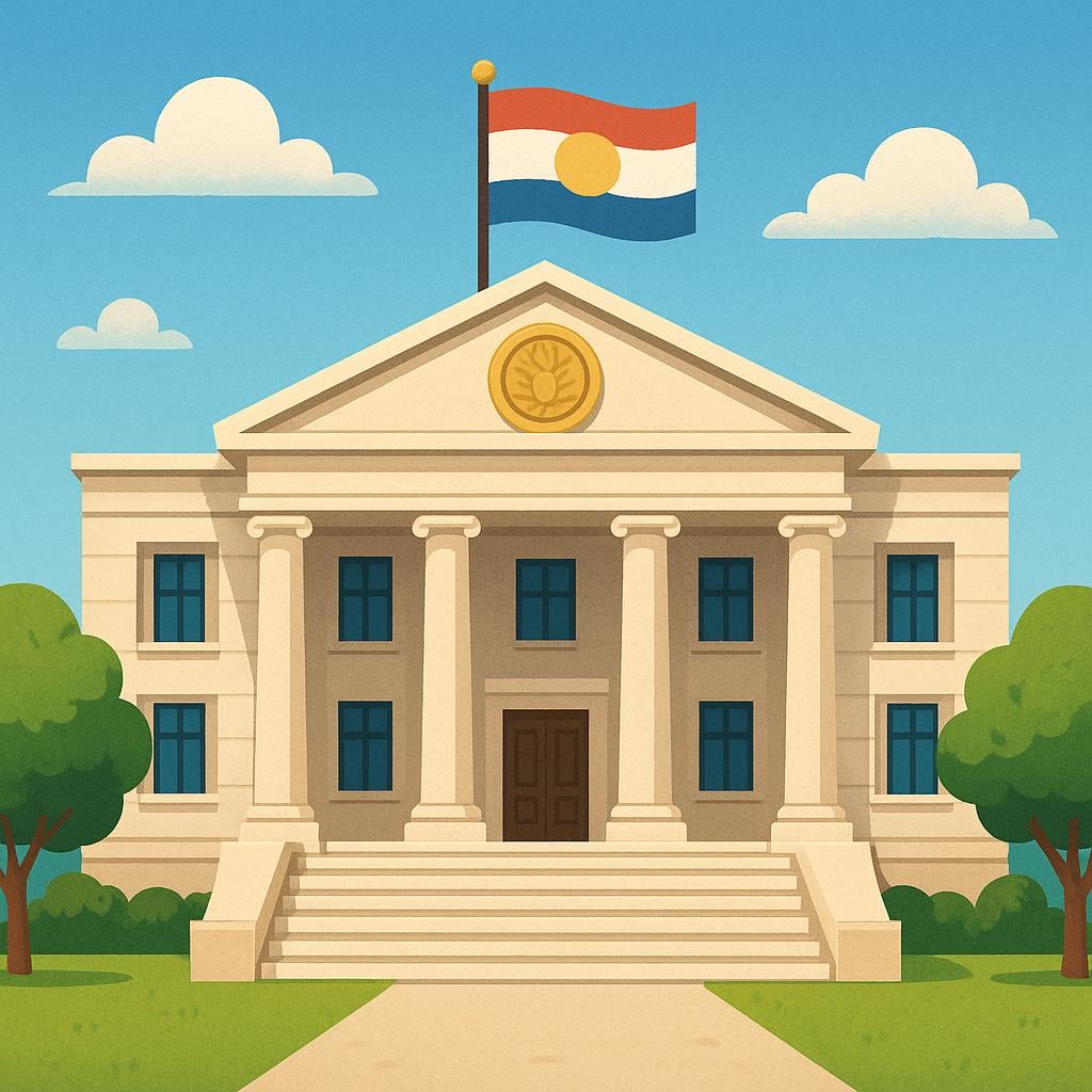 A stately, official-looking building with a large national flag flying prominently from the rooftop, symbolizing a diplomatic mission.