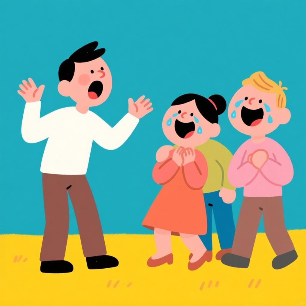 A person telling a joke or performing an action that causes two friends next to them to burst out laughing happily.