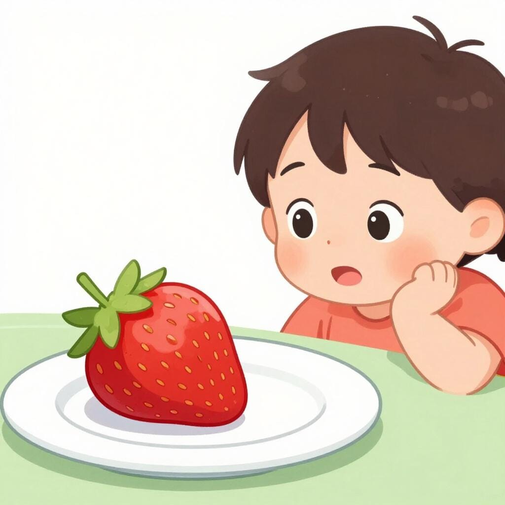 아이가 넓고 흥분된 눈으로 밝은 빨간색 딸기를 바라보고 있습니다.