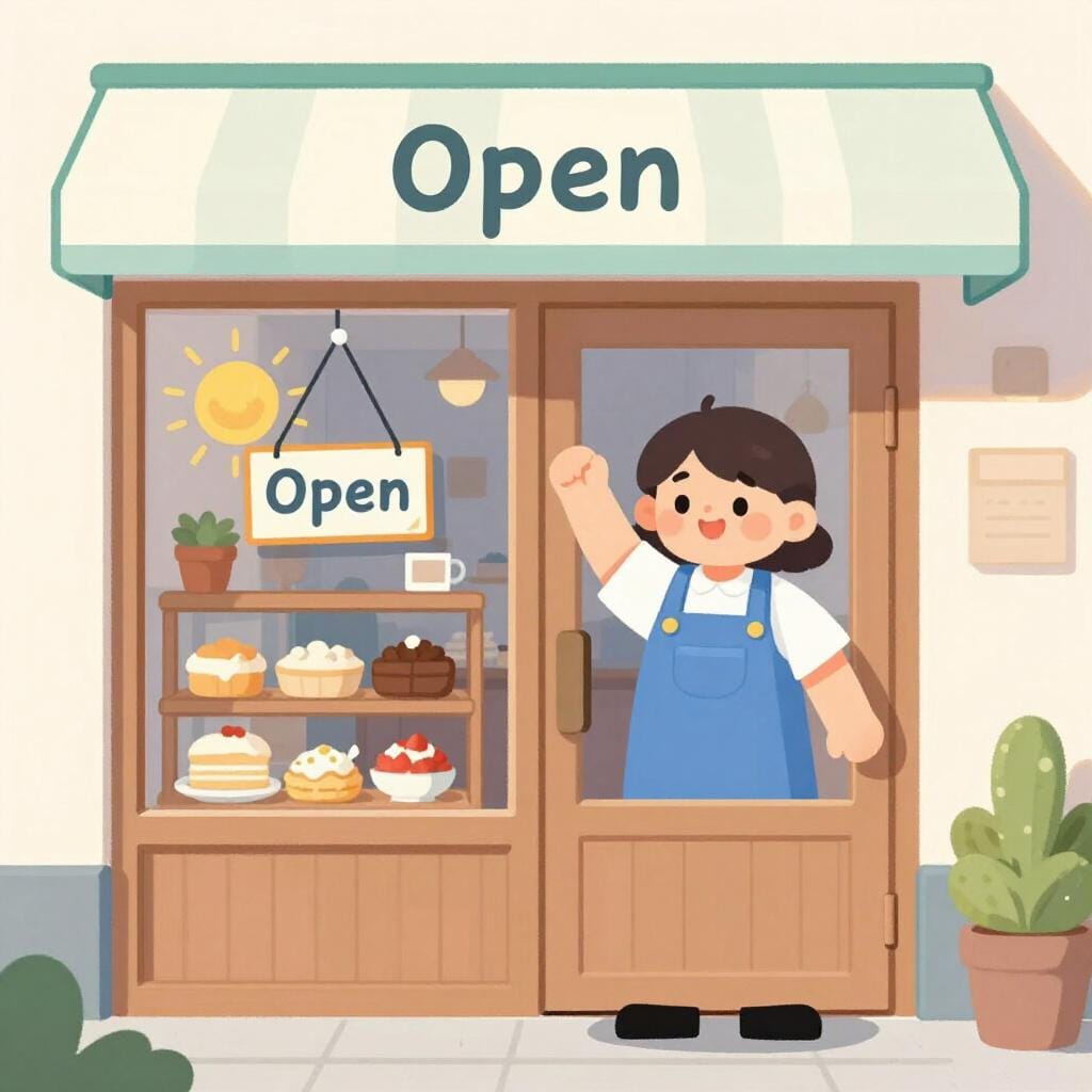 店員が店のドアの「閉」のサインを「開」に変えている。