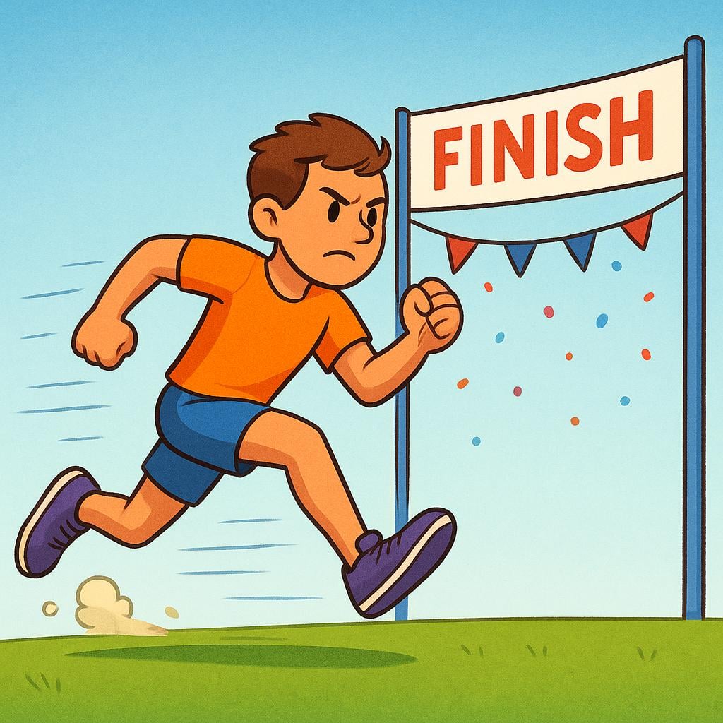 A determined runner sprinting rapidly toward a simple, colorful finish line banner, symbolizing motivation.