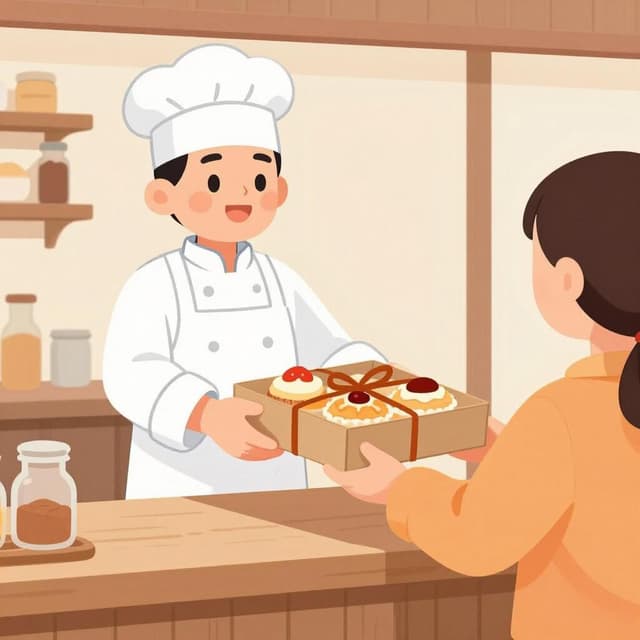 Un boulanger sympathique en tablier blanc remettant une boîte de pâtisseries fraîchement préparées à un client qui attend.