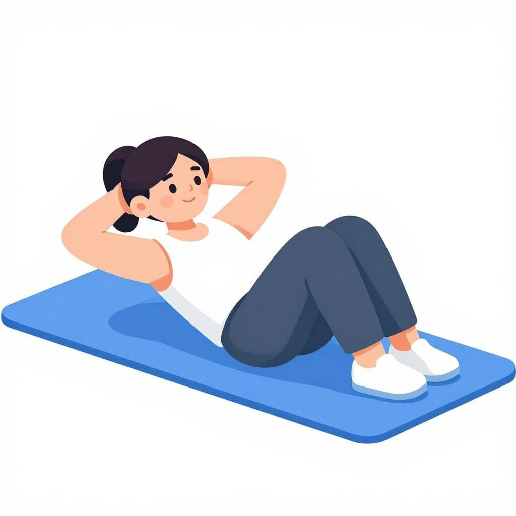 A person lying on a blue mat performing a sit-up exercise.